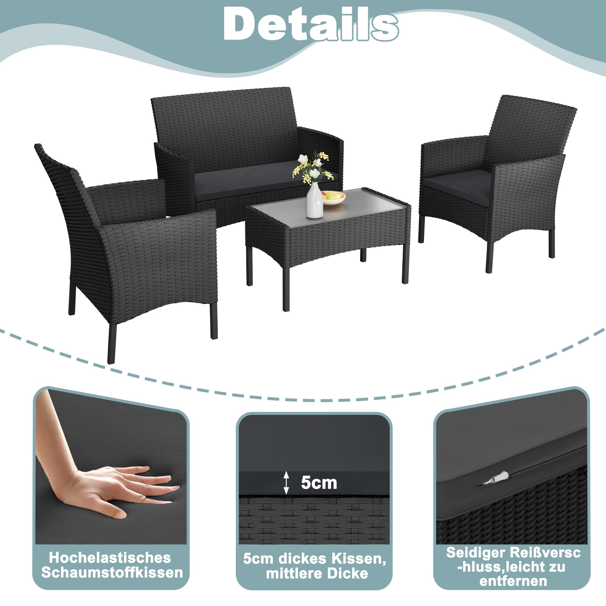 4-teilig Gartenmöbel Set, PE-Polyrattan Lounge Möbel mit 2-Sitzer Sofa, 2 Sesseln & Glastisch, Wetterfest & Pflegeleicht, Sitzgruppe für Balkon, Terrasse, Poolbereich, Anthrazit