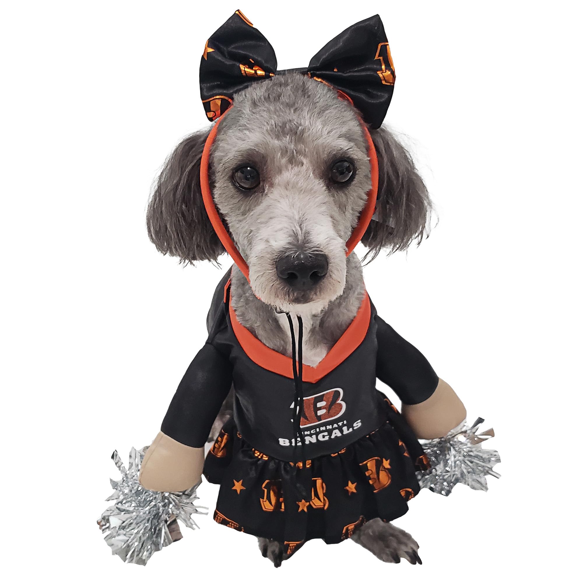 NFL Cincinnati Bengals Officially Licensed Cheer Dog Costume by MODERN HERO Includes Dress with Faux Stuffed arms and Tinsel pom-poms and Satin Bow Headband, Size XXL