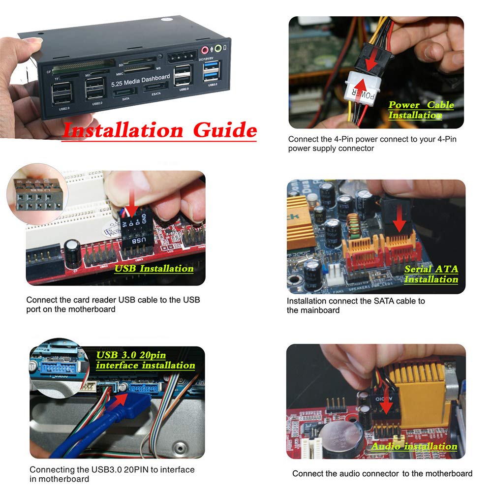 ACAGALA Multifunktions-USB 3.0 Hub eSATA SATA Port Interner Kartenleser PC Armaturenbrett Medien Vorderseite Audio für SD MS CF TF M2 MMC Speicherkarten Passend für 5,25 Zoll Bay