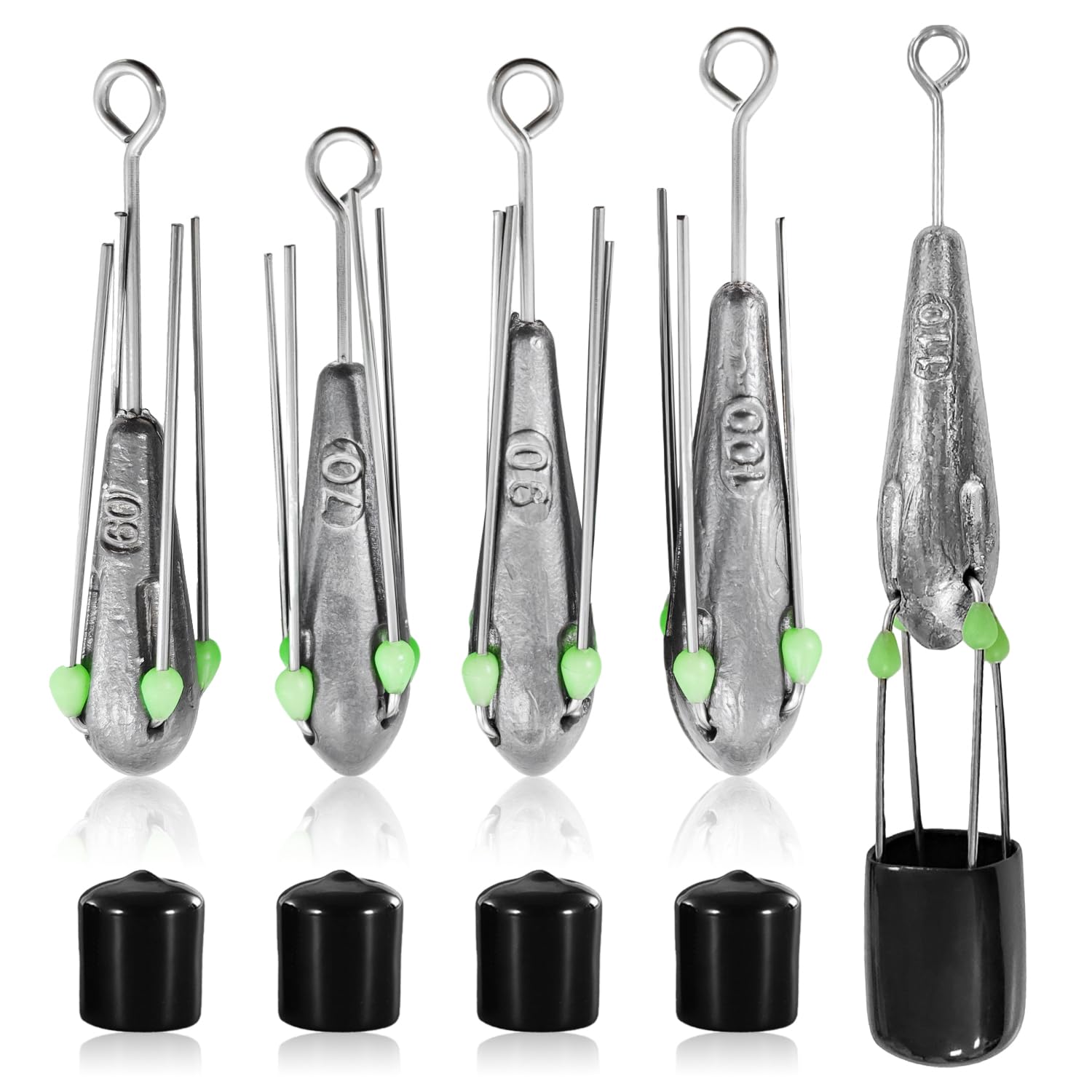 5 Set 58g-110g Piombi da Pesca Piombo da Pesca Piombini Pesi Argento con 4 Gambe Design Semplificato a Coda Lunga e Cappuccio in Silicone Nero Fishing Accessori per in Acqua Dolce e in Mare