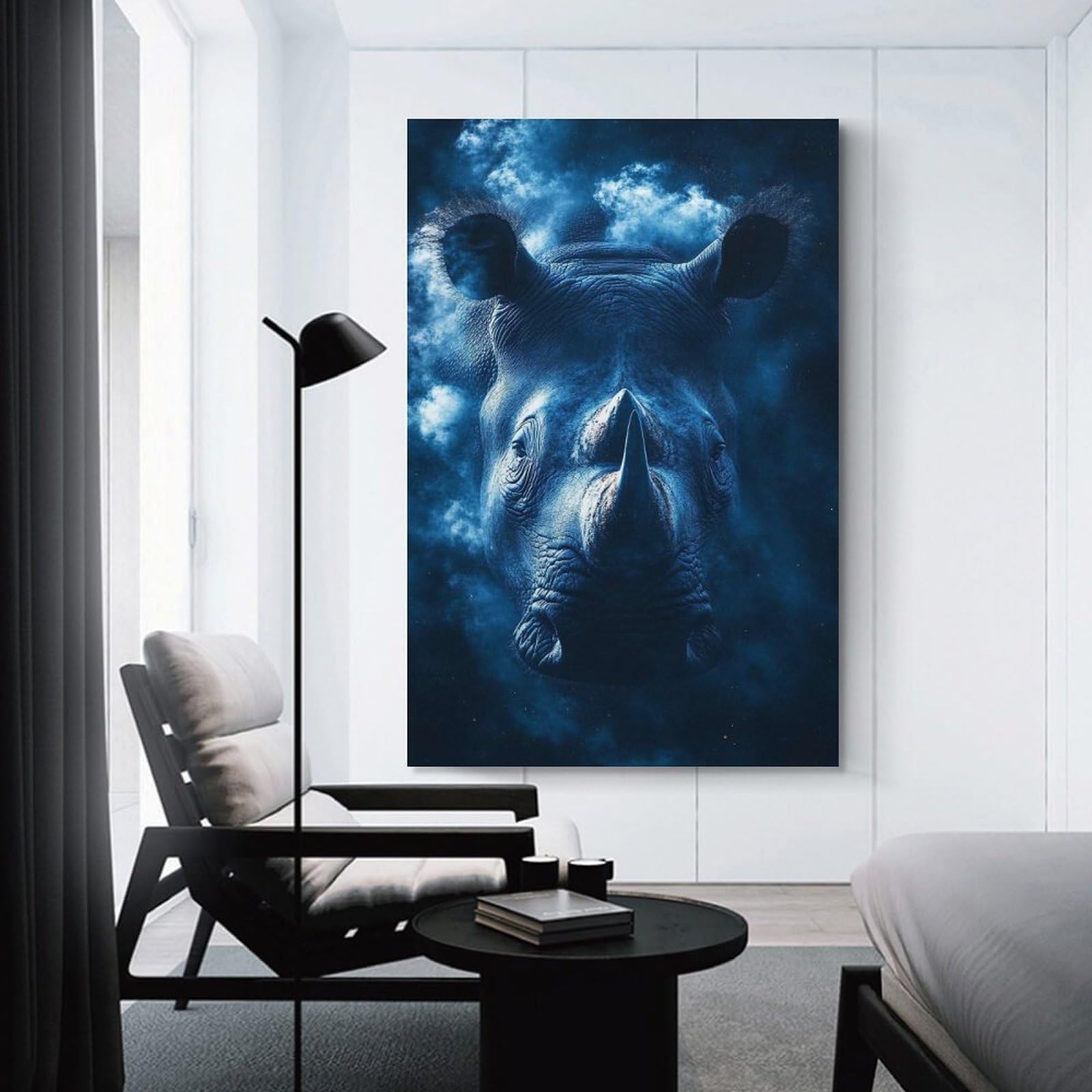 Junmoney Blue Rhino Portrait with Cloud Background Wall Art Print, 20x30inch(50x75cm), for Entrance Spaces, Stair Walls Or Halls, Home Artwork for First Impressions