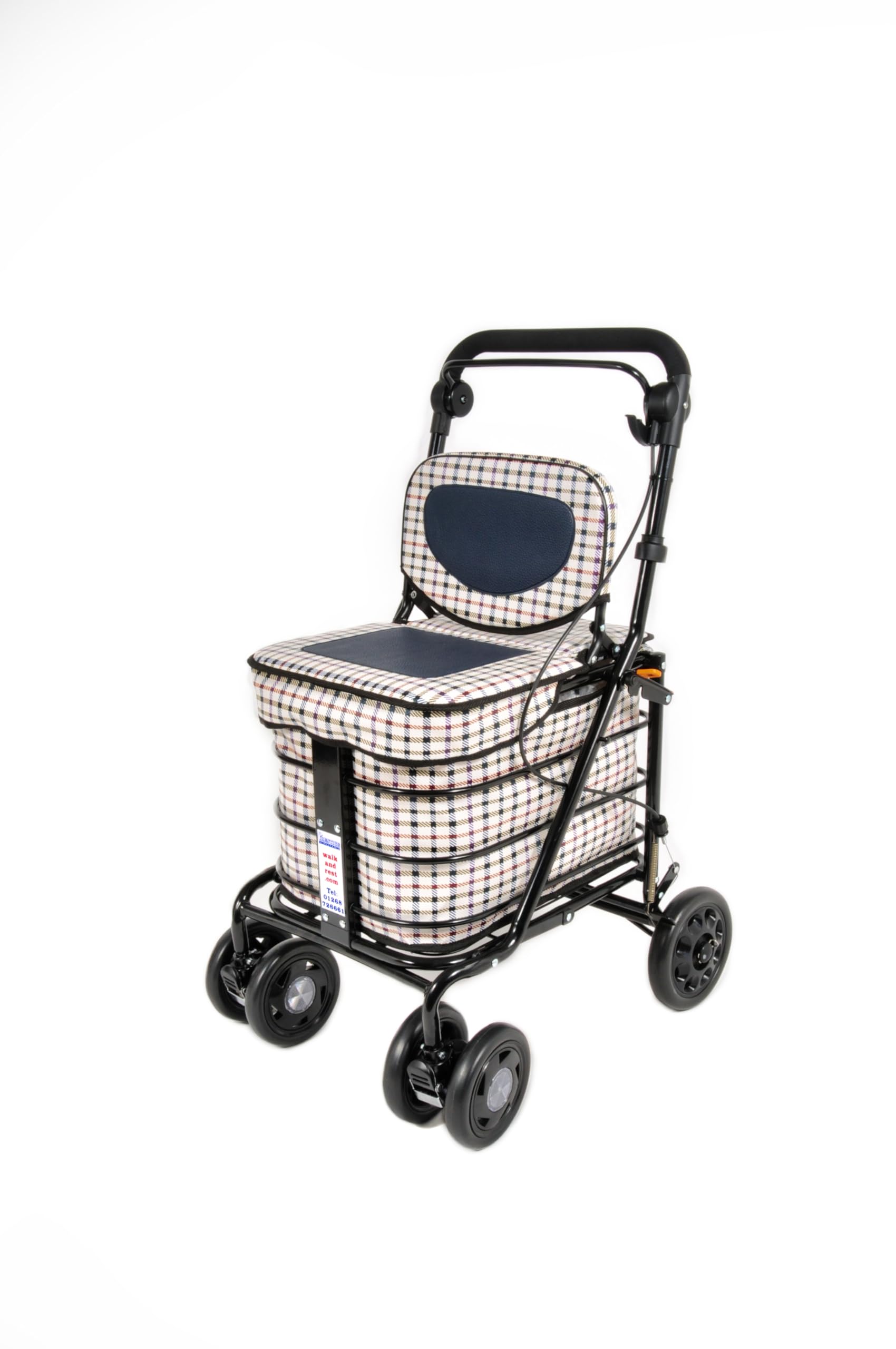 Prestige Shopping Trolley with Seat & Backrest/Walking frame/Seated Mobility Trolley/Stroller 6 wheel (FULLY ASSEMBLED in UK READY TO USE!) (Light Tartan)
