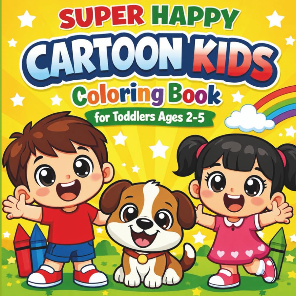 Super Happy Cartoon Kids Coloring Book: Big Bold, Extra Thick Line Pages for Toddlers Ages 2–5