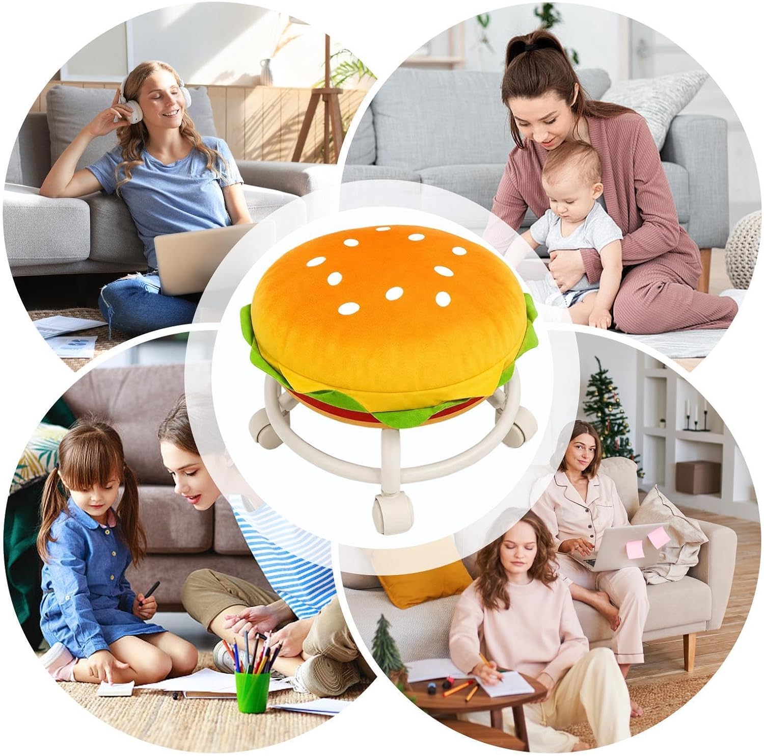 Rolling Stool - Wheeled Seat, Hamburger Design, Soft Comfortable, Non-Slip | Small Stools To Sit On For Home Bedroom Playroom Kids Room Kitchen E​ntryway Balcony Apartment Dorm