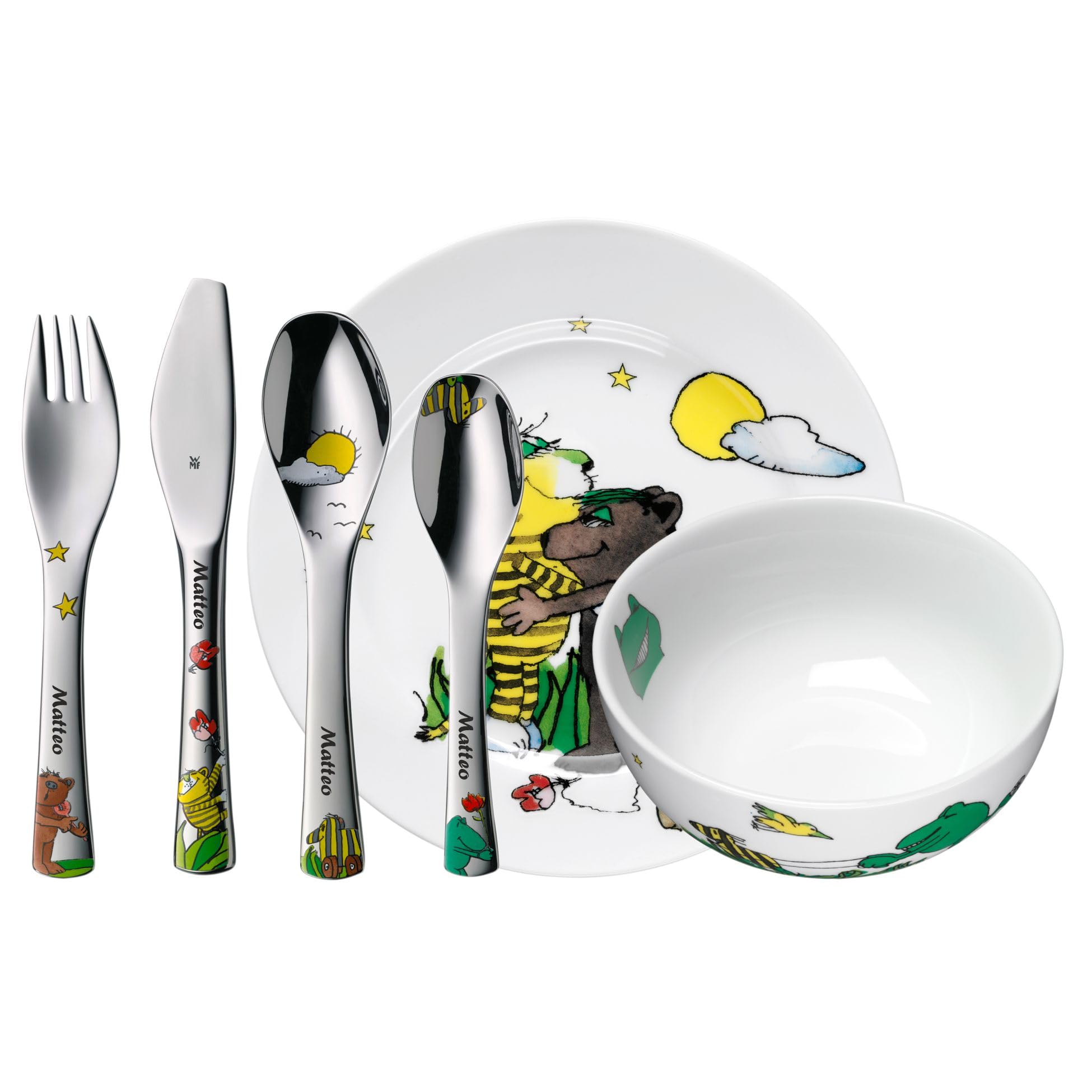 WMF Kindergeschirr Set Janosch Kindergeschirr Set 6-teilig mit Gravur – mit Namen – Porzellan Teller & Müsli-Schale mit Kinderbesteck – Kinder-Geschirrset für selbstständiges Essen ab 3 Jahren