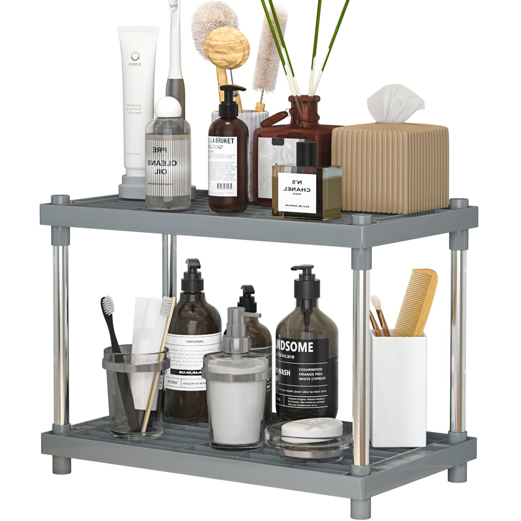 LEAIJIAFY 2 Tier Gray Bathroom Organizer Shelf,Kitchen Counter Shelves Spice Rack,Pantry Storage Shelf Organizer,Open Standing Shelving Unit for Cupboard,Under Sink,Plastic Mesh Shelf Design