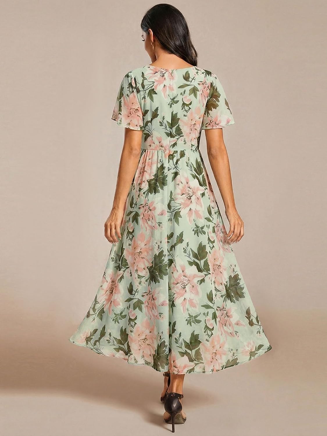 Ever-Pretty Women's Wedding Guest Dress Chiffon V Neck Ruched Short Sleeves Midi High Low Birthday Semi Formal Dresses 02088