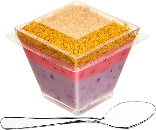 DLux 100 x 2oz Tazas Cuadradas Mini de Postre con Cucharas y Tapas, Taza de Plástico Transparente para Aperitivos Parfait - Pequeño Cuenco