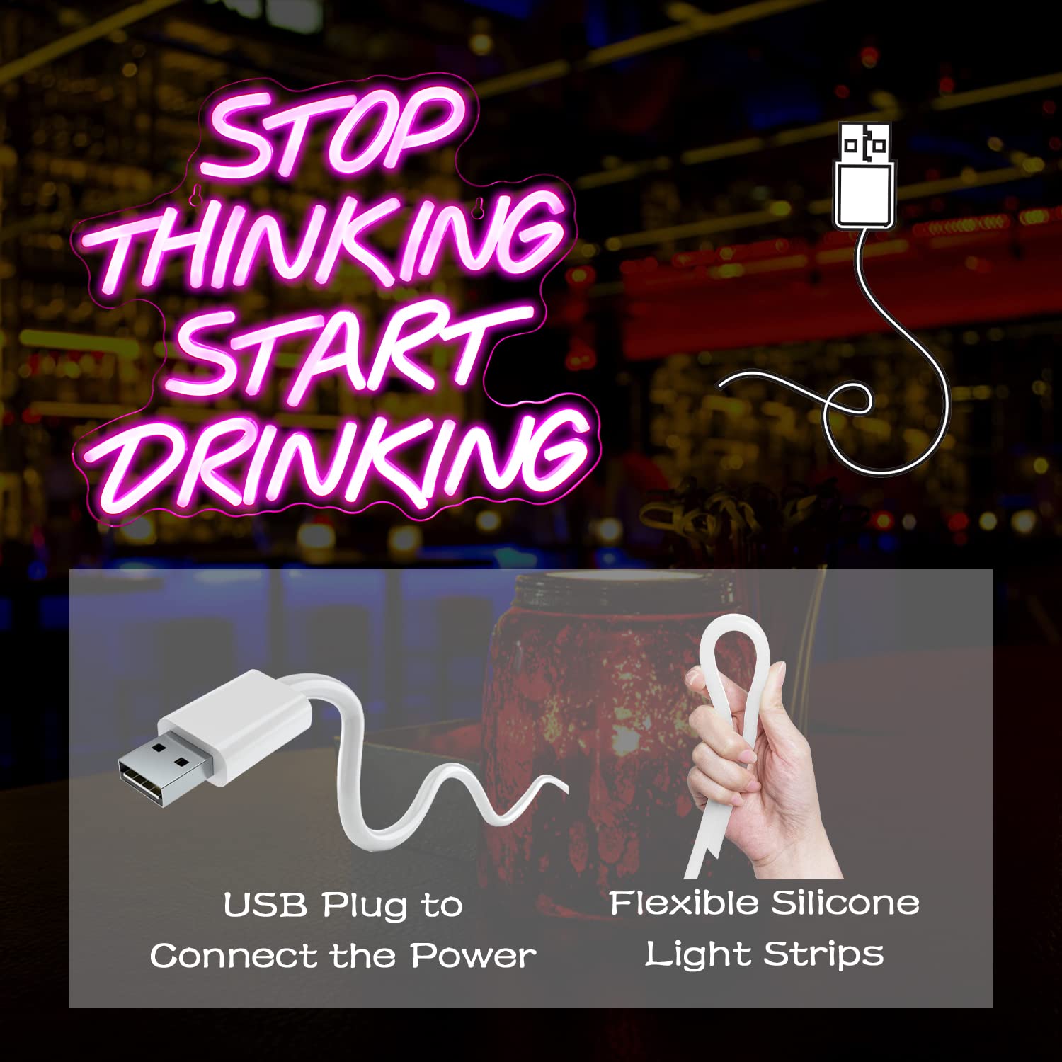 Looklight Stop Thinking Start Drinking Insegne Luminose Scritte Luminose Insegna al Neon per Bar Insegna LED Rosa da Bar Scritte Neon per Negozi Caffè Birra Domestica Ristorante