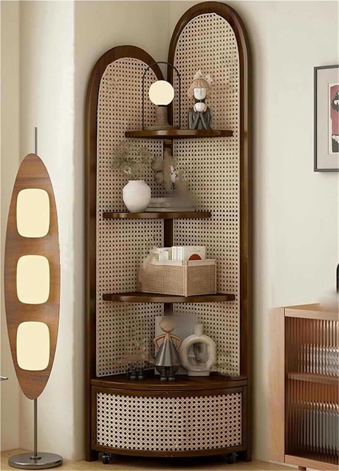 Wood Rattan Corner Shelf - 4-Tier Multi-Functional Triangular Cabinet for Living Room & Bedroom Storage - Stylish Brown Floor Standing Bookshelf