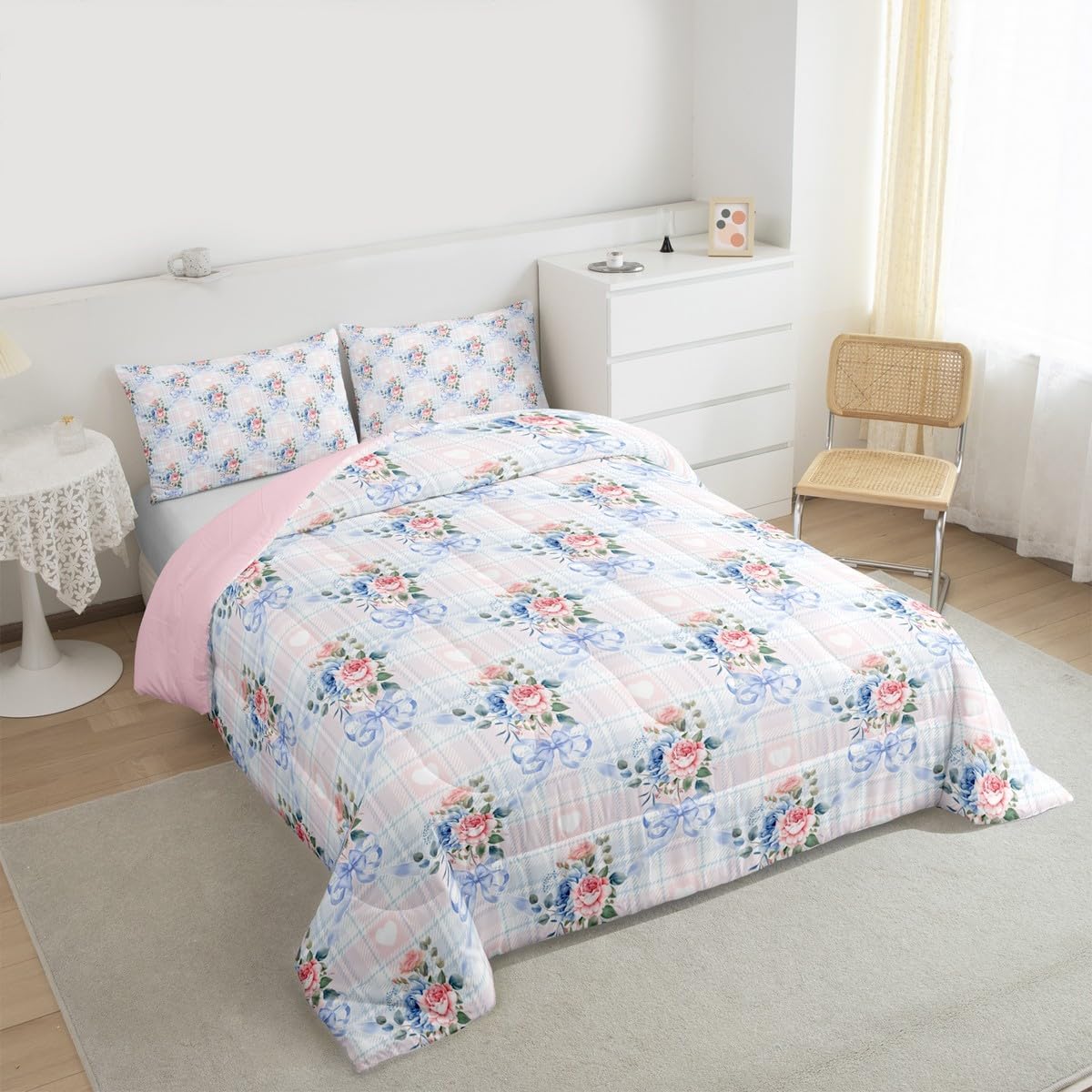 Feelyou Pink and Blue Floral Bow Bedding Set Soft for Boys Girls, Cute Bowknot Comforter Set Twin Size Rose Flower Duvet Quilt Microfiber Bedroom Decor 2 Pcs with 1 Pillow Cases