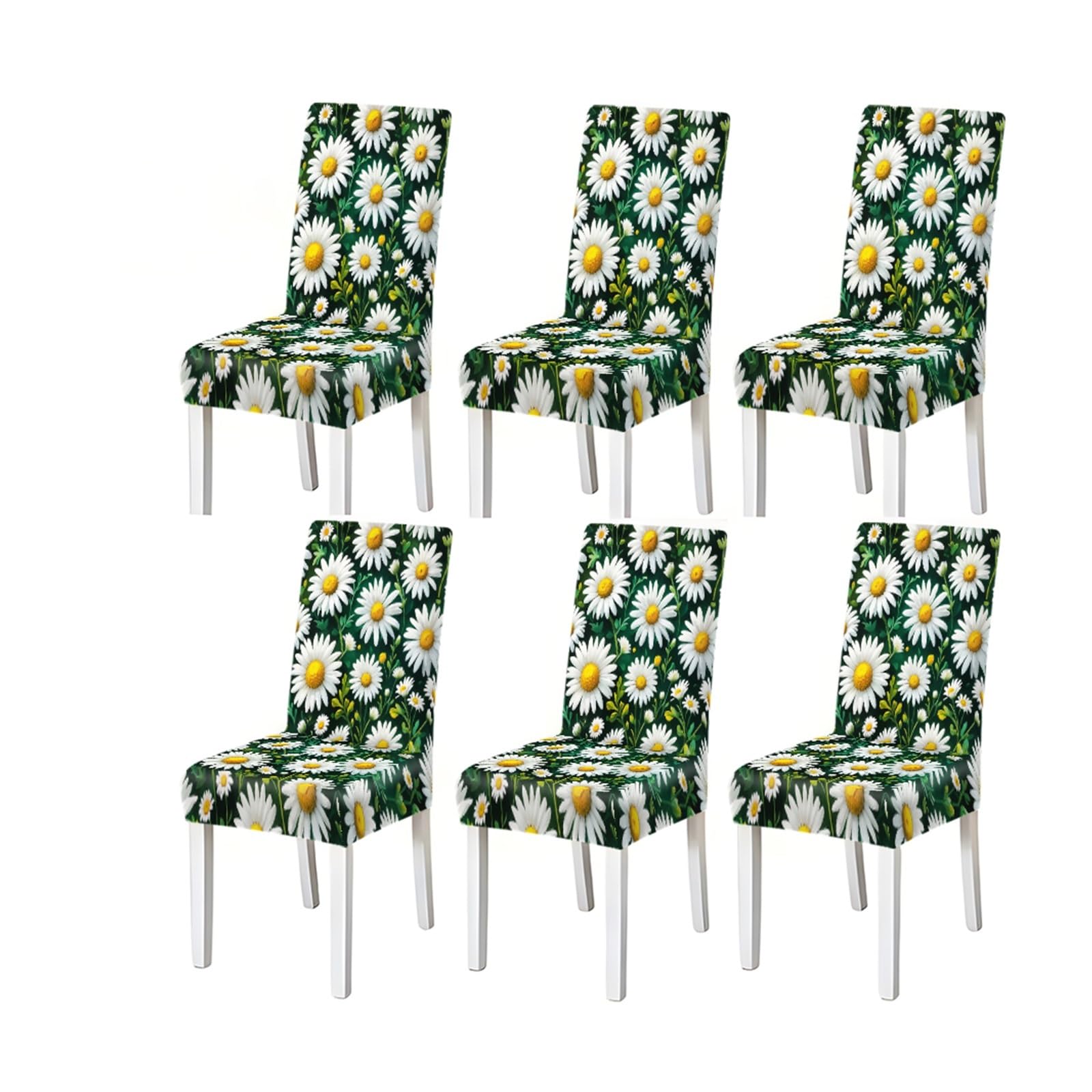 Bosuybn One Color Dining Chair Covers 2/4/6 Pieces, Stretch Slipcovers White Daisy Floral Pattern Green Background For Kitchen Dining Room Home Furniture Protectors For Home Dining Room(6Pcschair Cover)