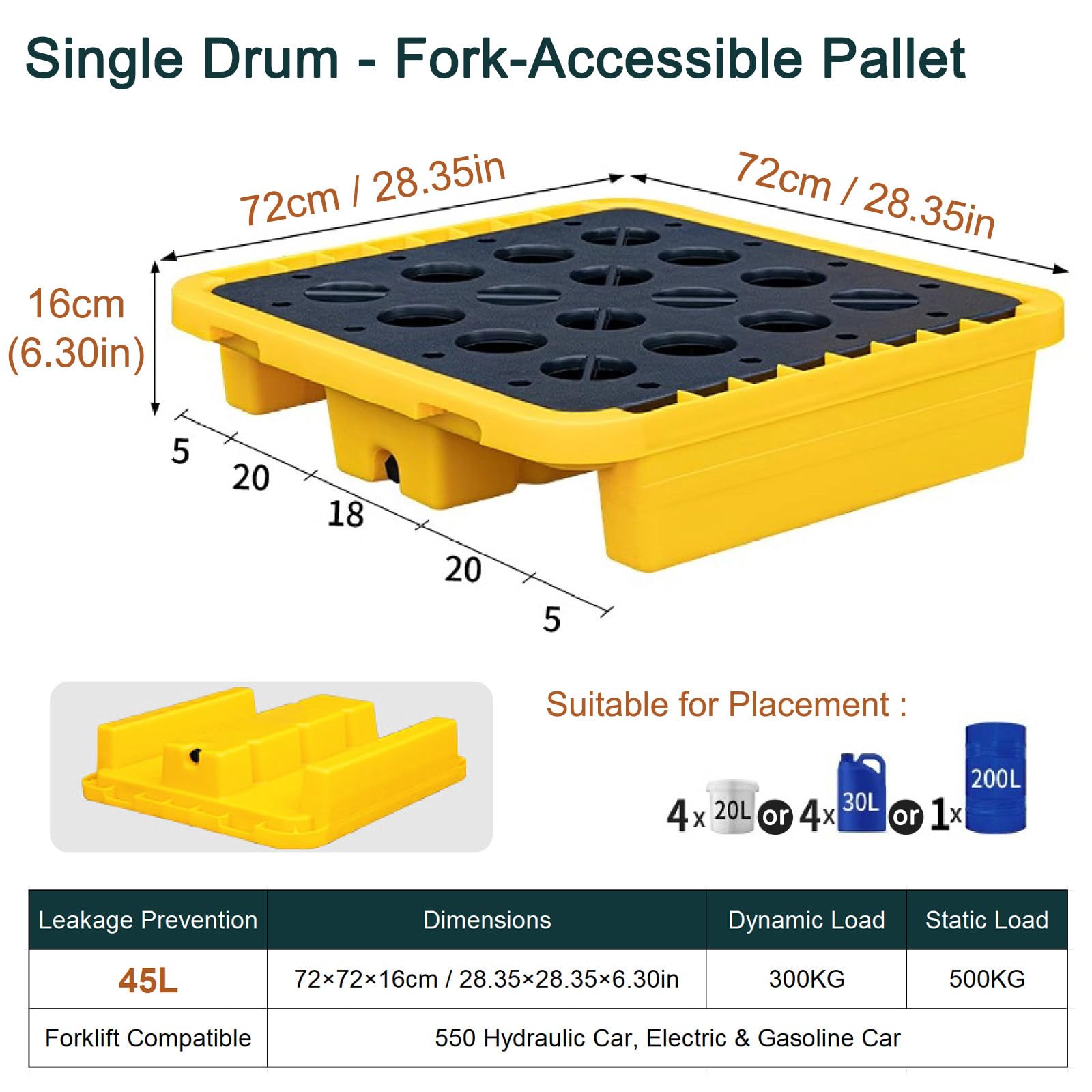 Palés modulares Antideslizantes, Bandeja de contención Modular apilable 72×72×16cm(28.35×28.35×6.30in) | Cubeto de retención 32/40/43/45 L, con tapón de drenaje, rejilla desmontable y cubeto alto, para uso industrial