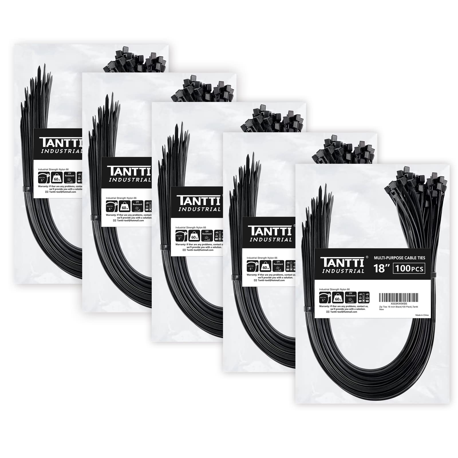 Zip Ties 18 inch (500 Pack), Black, 60lb Tensile Strength, UV Resistant Cable Ties for indoor and outdoor Use, by Tantti Supply