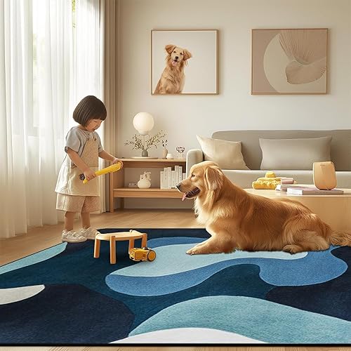 Miniatura 2 de Alfombra de área AQQA 5x7 azul y verde, abstracta, lavable, alfombra antideslizante, alfombra gruesa de pelo bajo, grandes alfombras para sala de