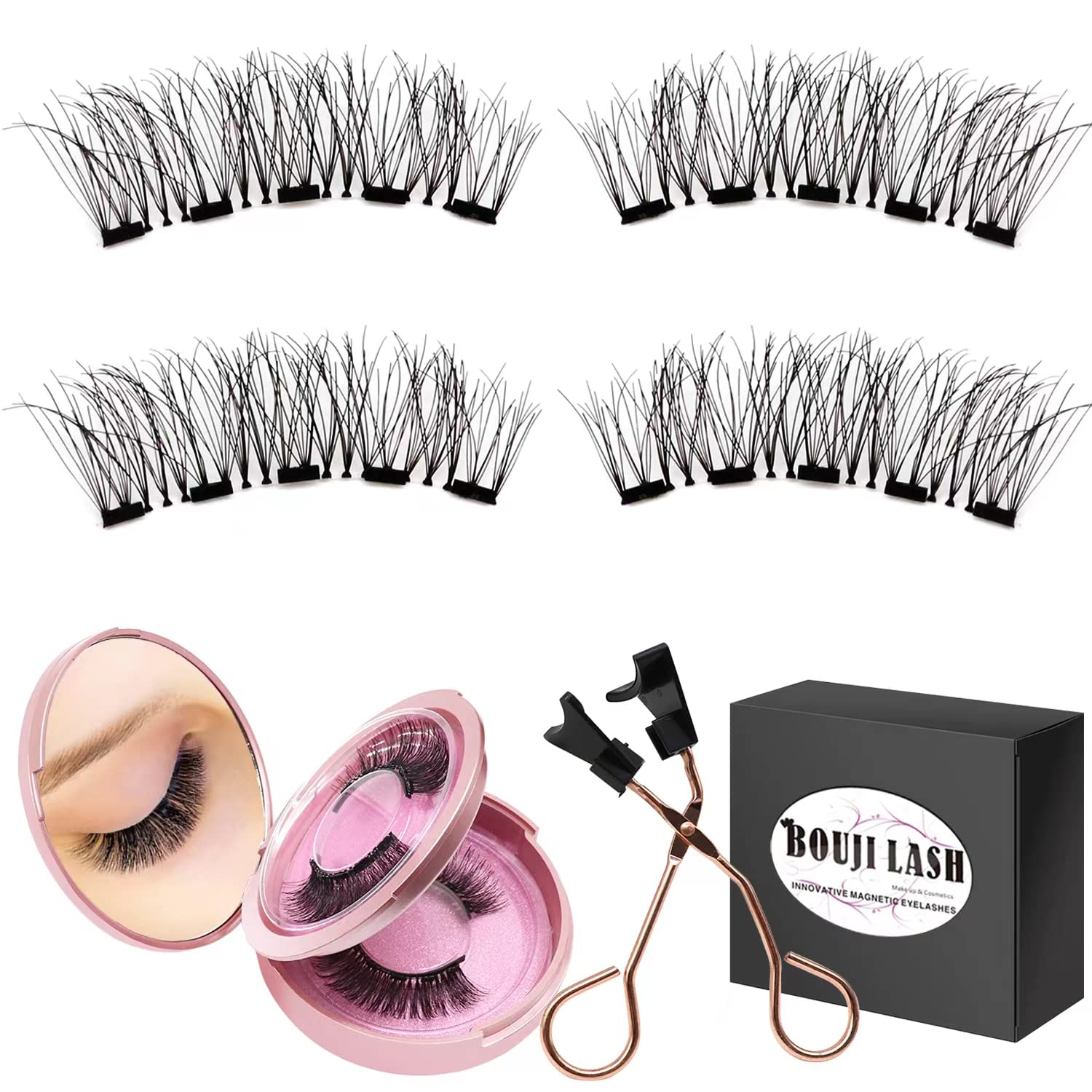 Boujilash Magnetic Eyelash Kit, Glue free Magnetic Eyelash Clip and Natural Looking Eyelashes Set with Soft Magnetic False Eyelashes (2 Pairs )