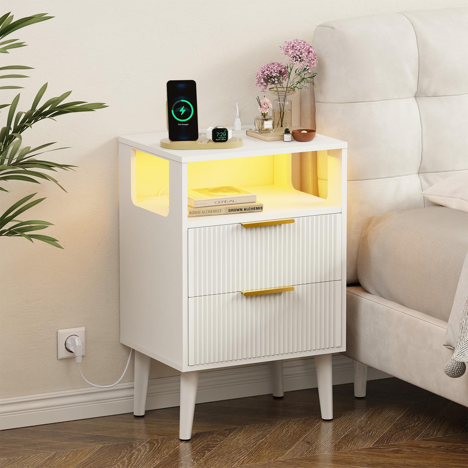 YOUDENOVA Comodini Camera da Letto, Elegante Tavolino Salotto con Presa Elettrica Integrata e Illuminazione a LED, 2 Cassetti e Scomparto, 2 Porte USB, 30 x 40 x58 cm, Bianco