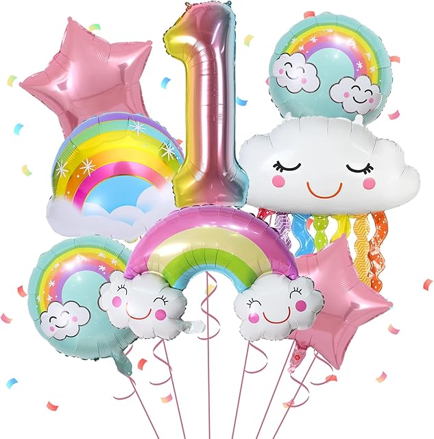 First Birthday Decorations For Girl, 8 Pcs Girls 1st Birthday Girl Decoration Foil Balloons with Rainbow Pink Star Pastel Round Balloons, Number 1 for Girls Birthday Party Baby Shower Supplies