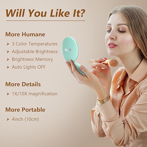 Miniatura 9 de Kintion Espejo de viaje con luz, espejo compacto de aumento 1X/10X, espejo LED recargable de 4 pulgadas, temperatura regulable de 3 colores, espejo