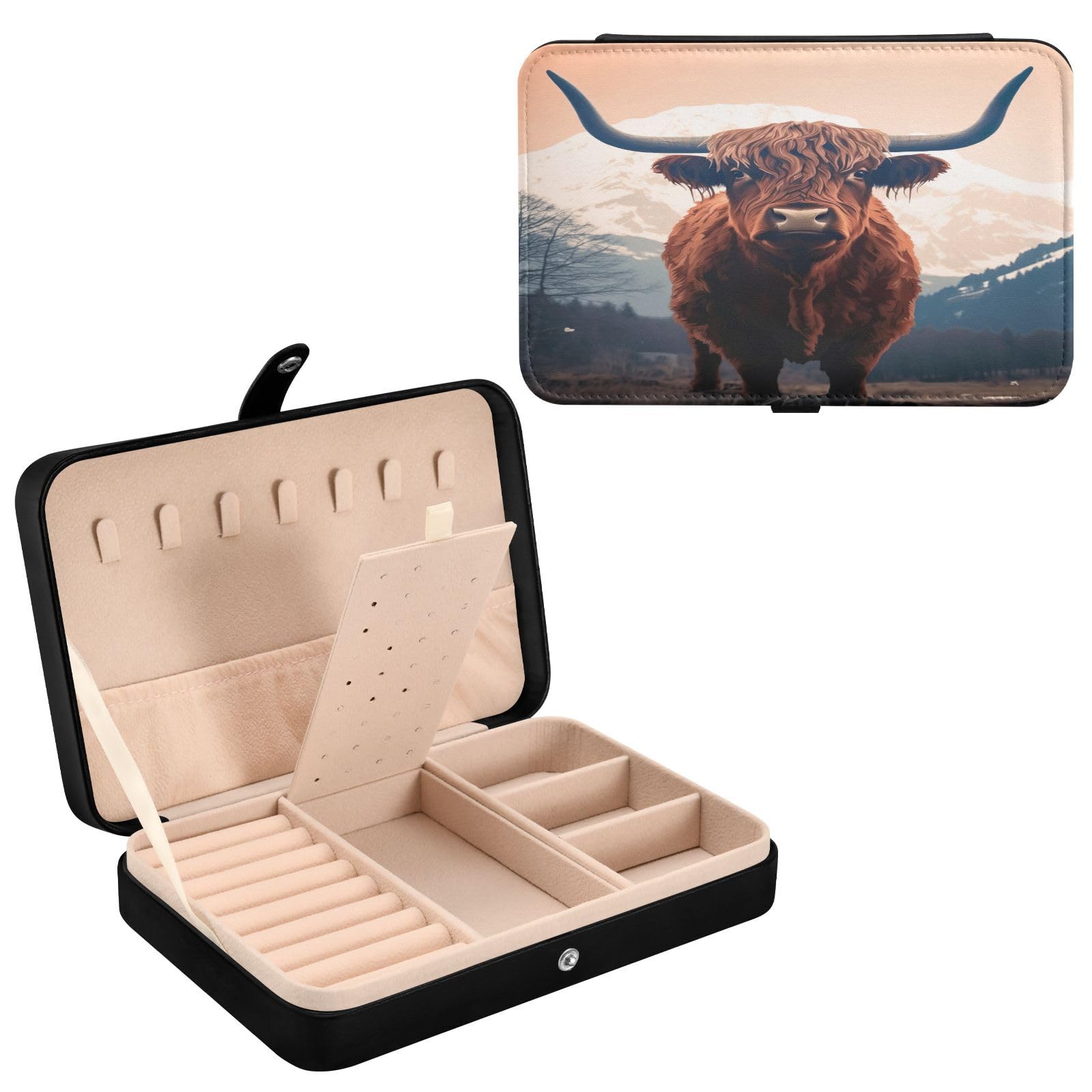 Haskirky Highland Cows Jewelry Box Portable PU Leather Travel Jewelry Organize for Women Jewelry Storage Display Holder for Ring, Necklace, Earring