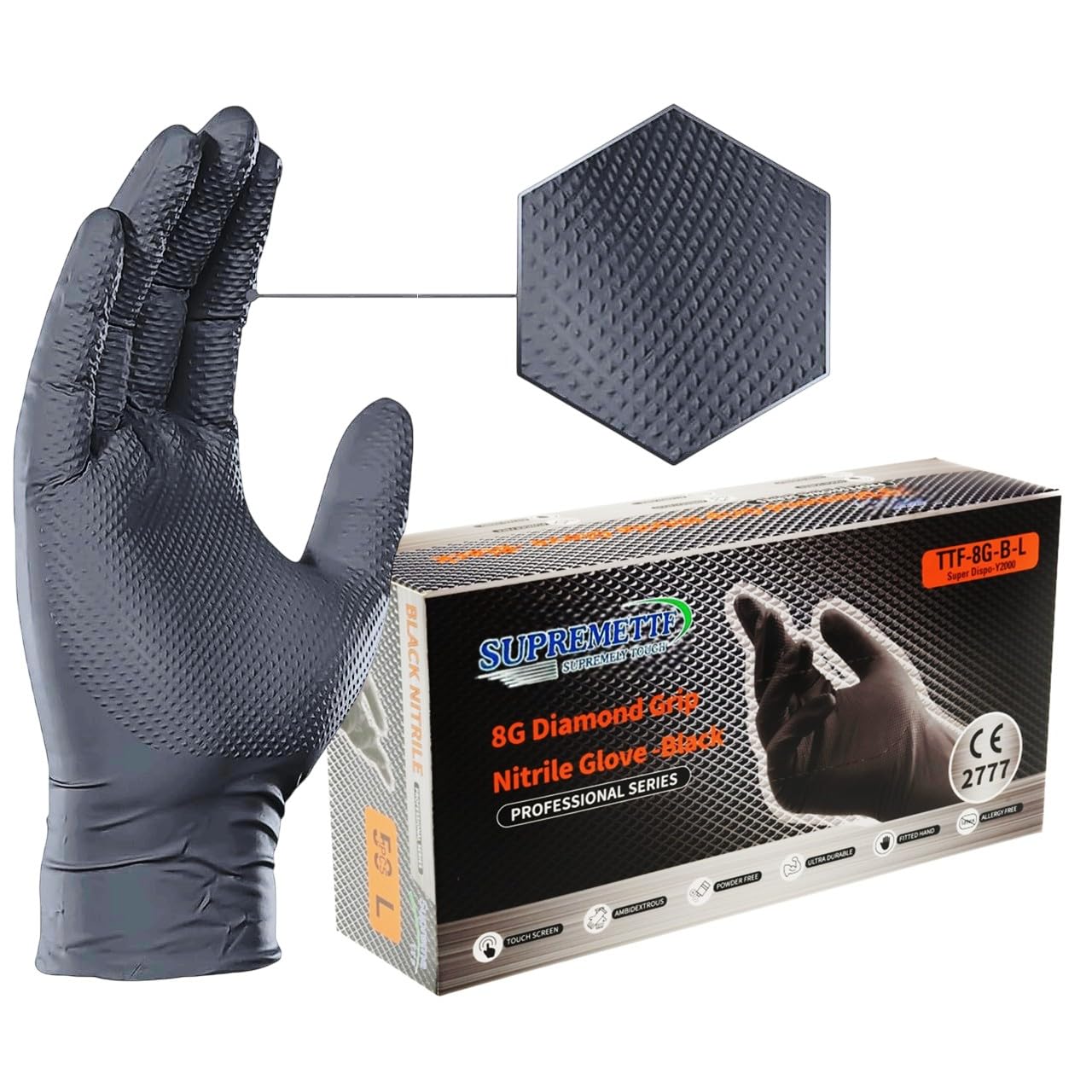 8 Mil Nitrile Disposable Diamond Grip Gloves, Heavy-Duty, Latex & Powder Free, Food Safe, Extra Thick For Mechanic Automotive Oil Work (Black, Medium [Size 8])
