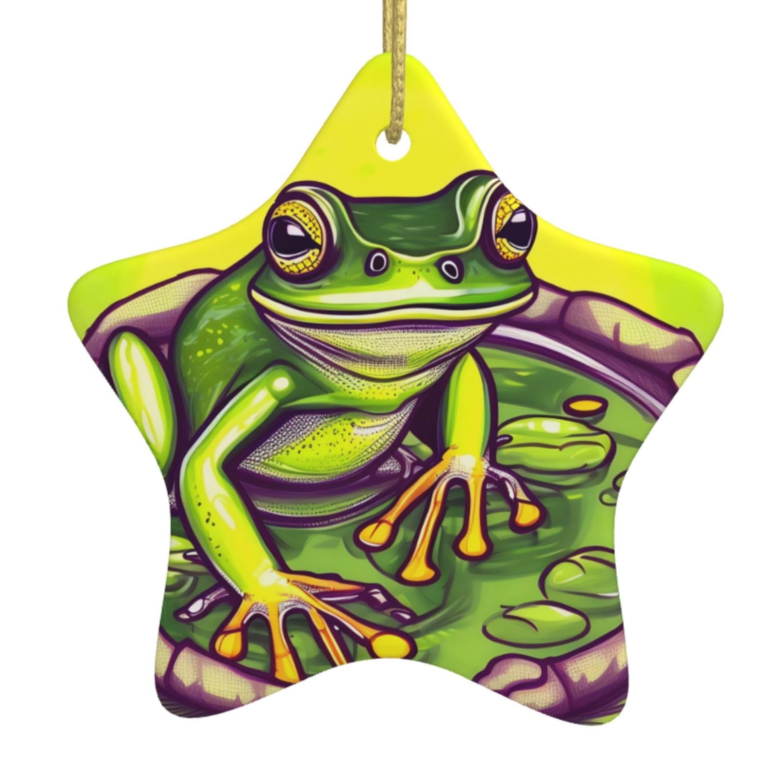 Frog in a Pond Christmas Ceramic Star Pendant with Punched Holes and Gold Wire Rope, Christmas Tree Home Decoration