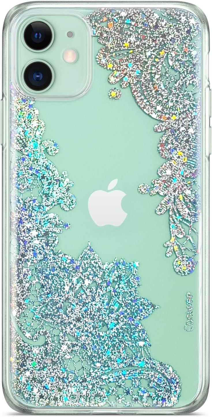Coolwee Clear Glitter Compatible with iPhone 11 Case Thin Flower Slim Cute Crystal Lace Bling Women Girls Floral Hard Back Soft TPU Bumper Protective Cover for Apple iPhone 11 Mandala Henna Sparkle