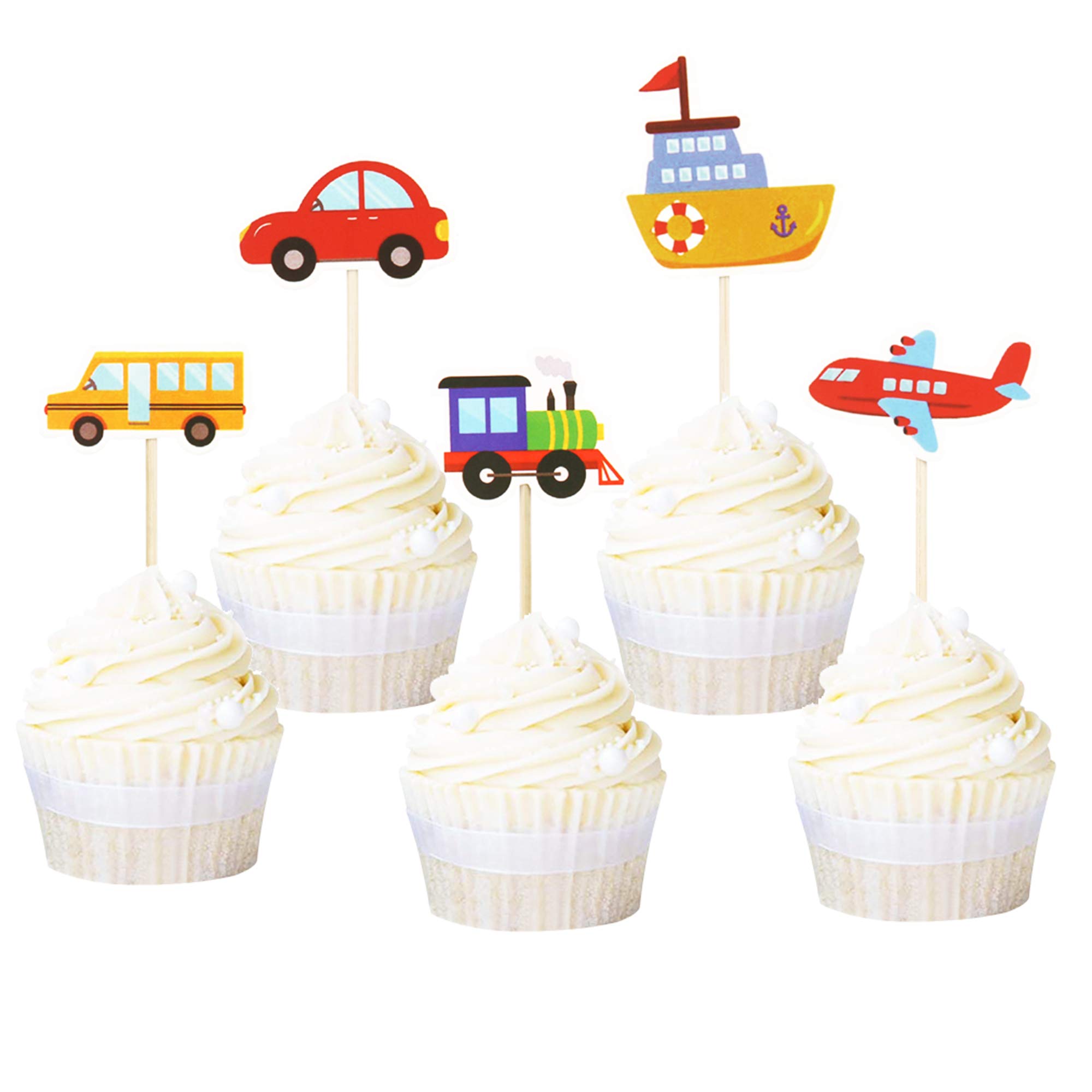 Lot De 30 Décorations De Gâteau - Véhicules : Voitures, Bus, Trains, Avions, Bateaux - Anniversaire Enfant