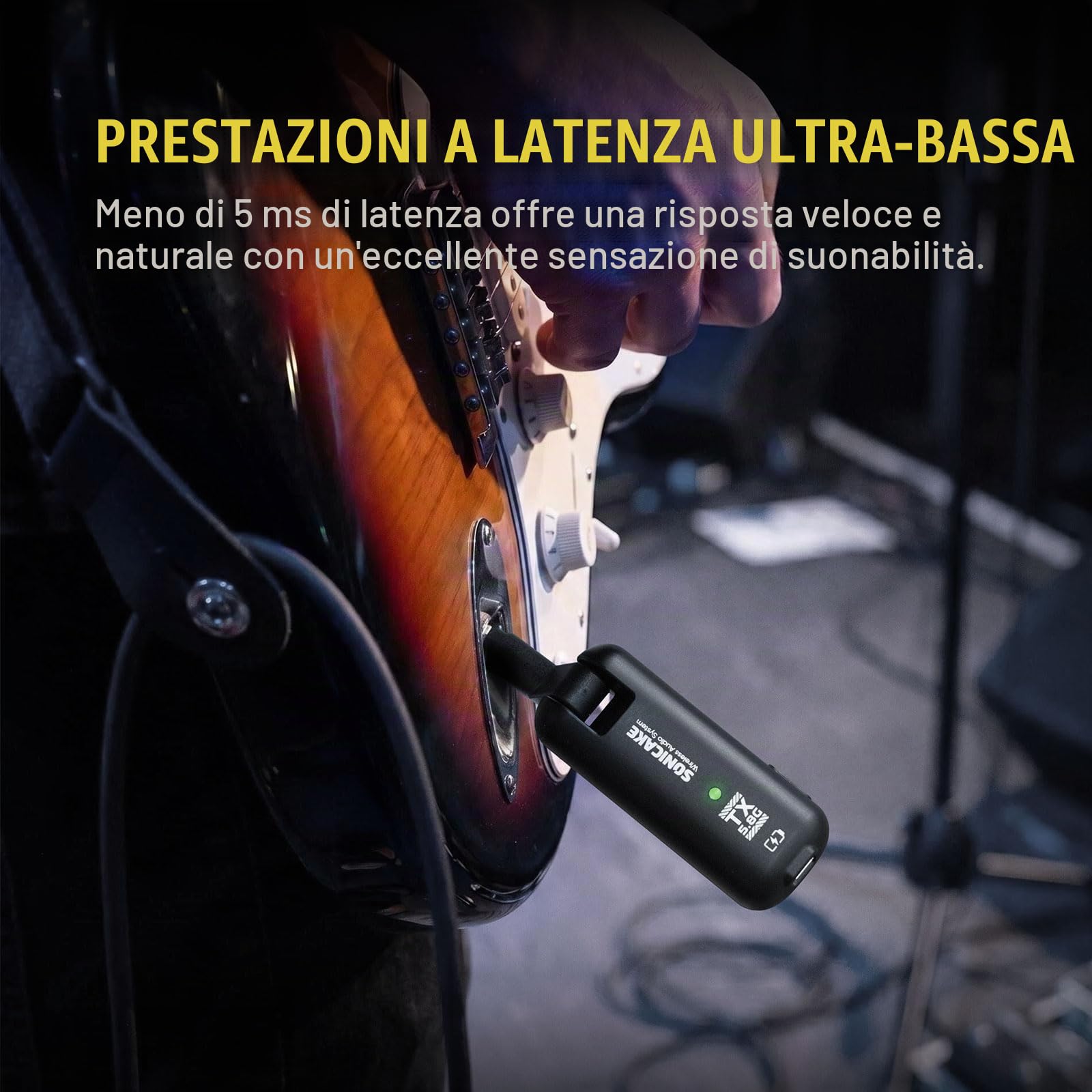 SONICAKE 5,8GHz Sistema Wireless per Chitarra, Trasmettitore e Ricevitore | 6 canali di segnale, 8 Ore di Autonomia, Raggio di Trasmissione 30–50 Metri, per Chitarra Elettrica e Basso