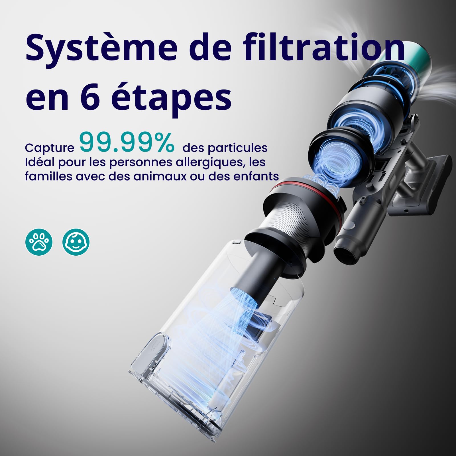 V5 Pro Aspirateur Balai sans Fil, 55Kpa/600W/80Min, Tuyau Flexible de 1 m