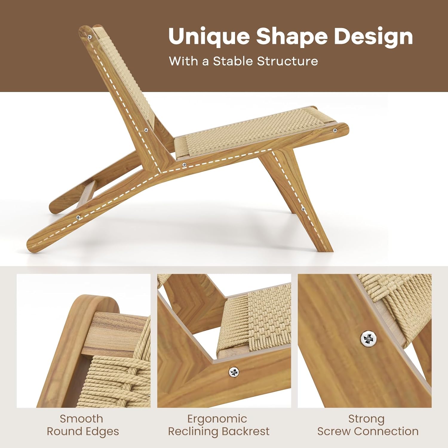 Tangkula Teak Wooden Chair, Mid Century Modern Accent Chair with Braided Rope Seat & Backrest for Living Room Bedroom Office, Backyard, Poolside & Deck Indoor