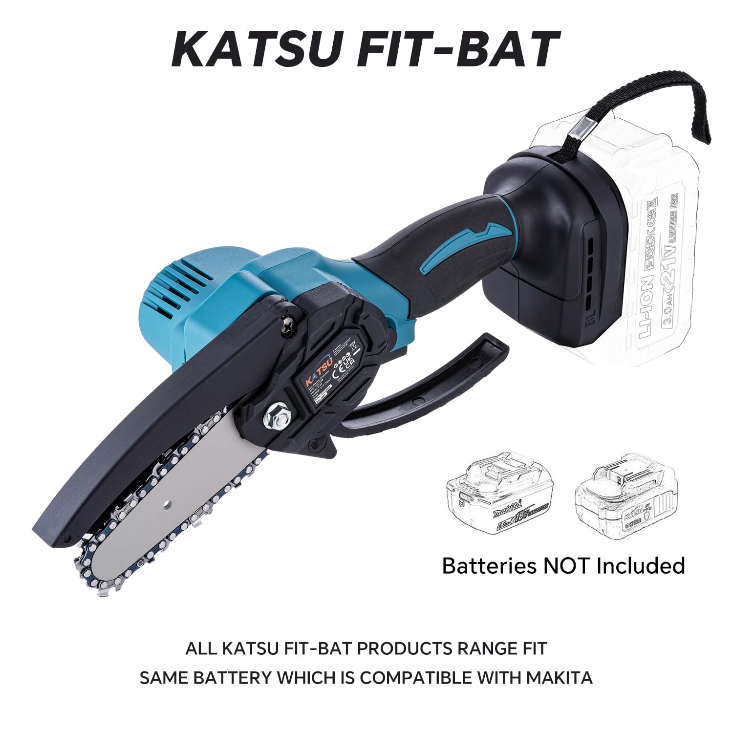 KATSU FIT-BAT mini pilarka akumulatorowa bezszczotkowa 21 V, 10 cm, z dodatkowym łańcuchem i ręczną pompką oleju, do cięcia gałęzi drzew i drewna, akumulator nie wchodzi w zakres dostawy