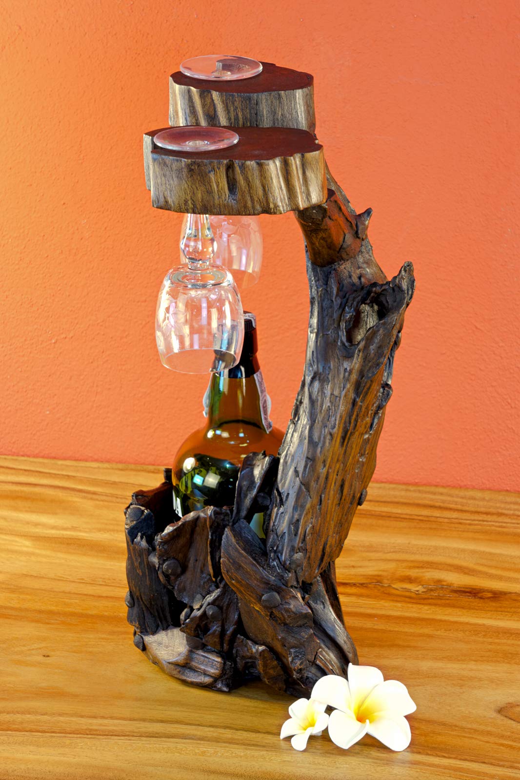 Kinaree Teak Wurzelholz Flaschenständer - 45cm Teak Flaschenhalter - Edel und dekorativ für 1 Flasche und 2 Gläser