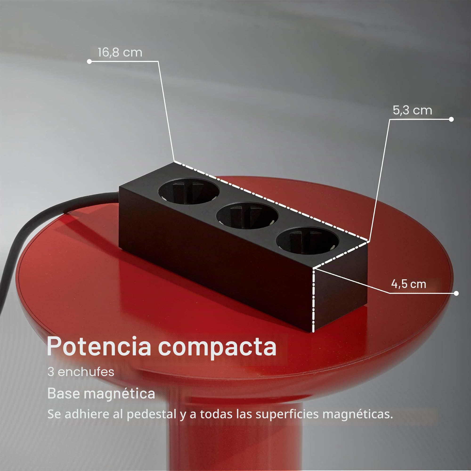 Pedestal Power Bar regleta de enchufes de 2 m con Base magnética (Negra) - práctico y Elegante Enchufe múltiple magnético de 3 vías - Enchufe magnético de 3 vías - regleta de alimentación de 3 vías