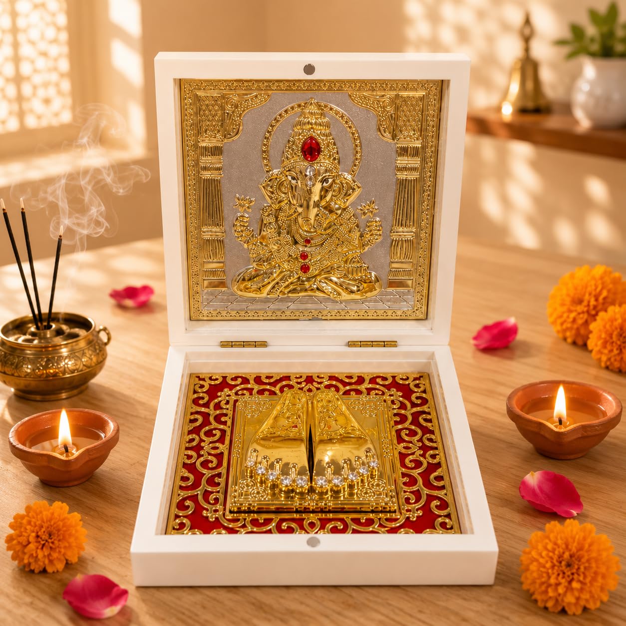 Divine Lord Ganesha Spiritual Yantra Box - Sacred Gold Plated Charan Paduka & Ganesh Frame – Premium Ivory Pooja Gift Box for Home Mandir, Office Desk & Festive Gifts-image-41