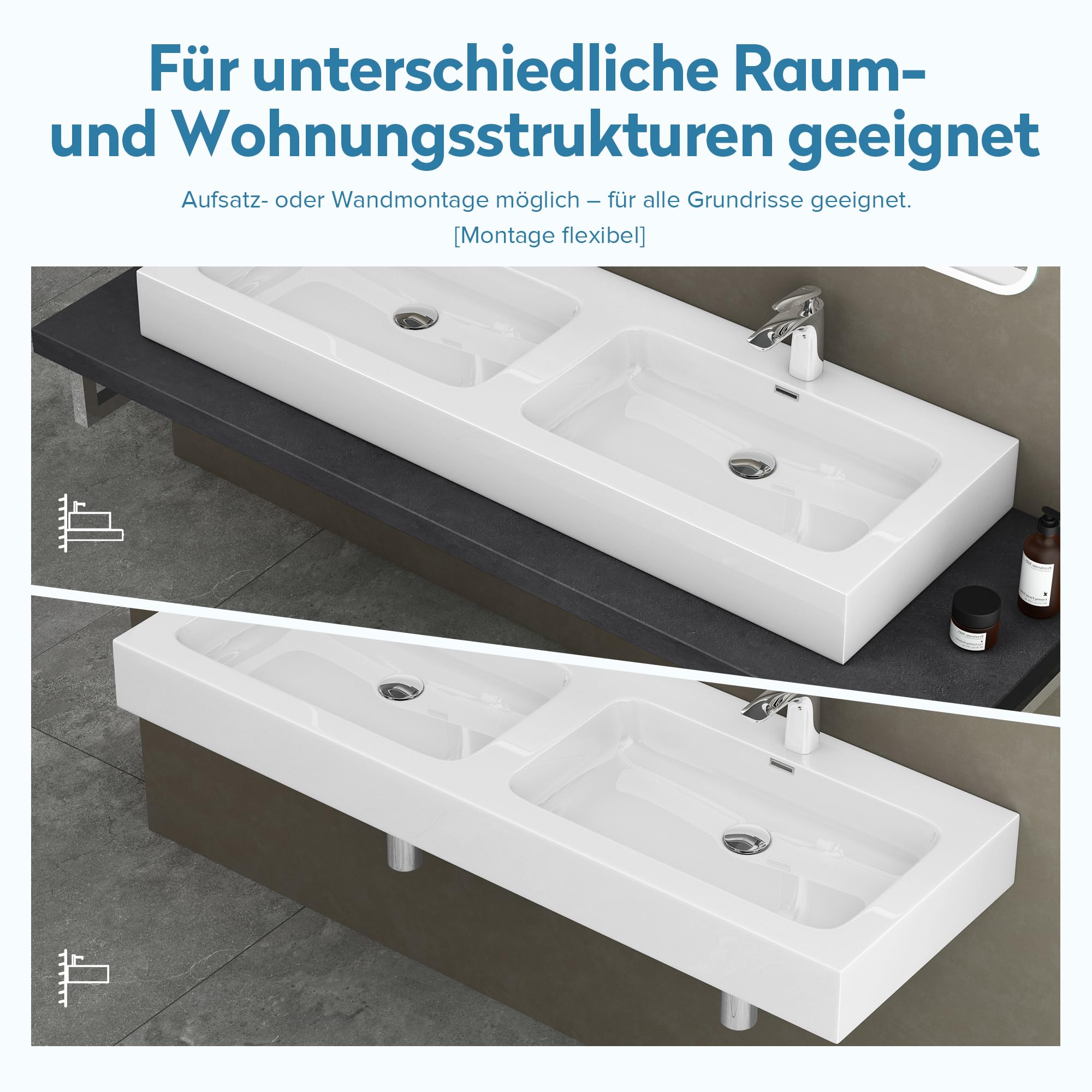 doporro Lavabo da Appoggio, Lavandino Bagno 140x48x13cm, Lavabo da Minerale Fuso Colossum830, due Fori per la Rubinetteria, Bianco Lucido