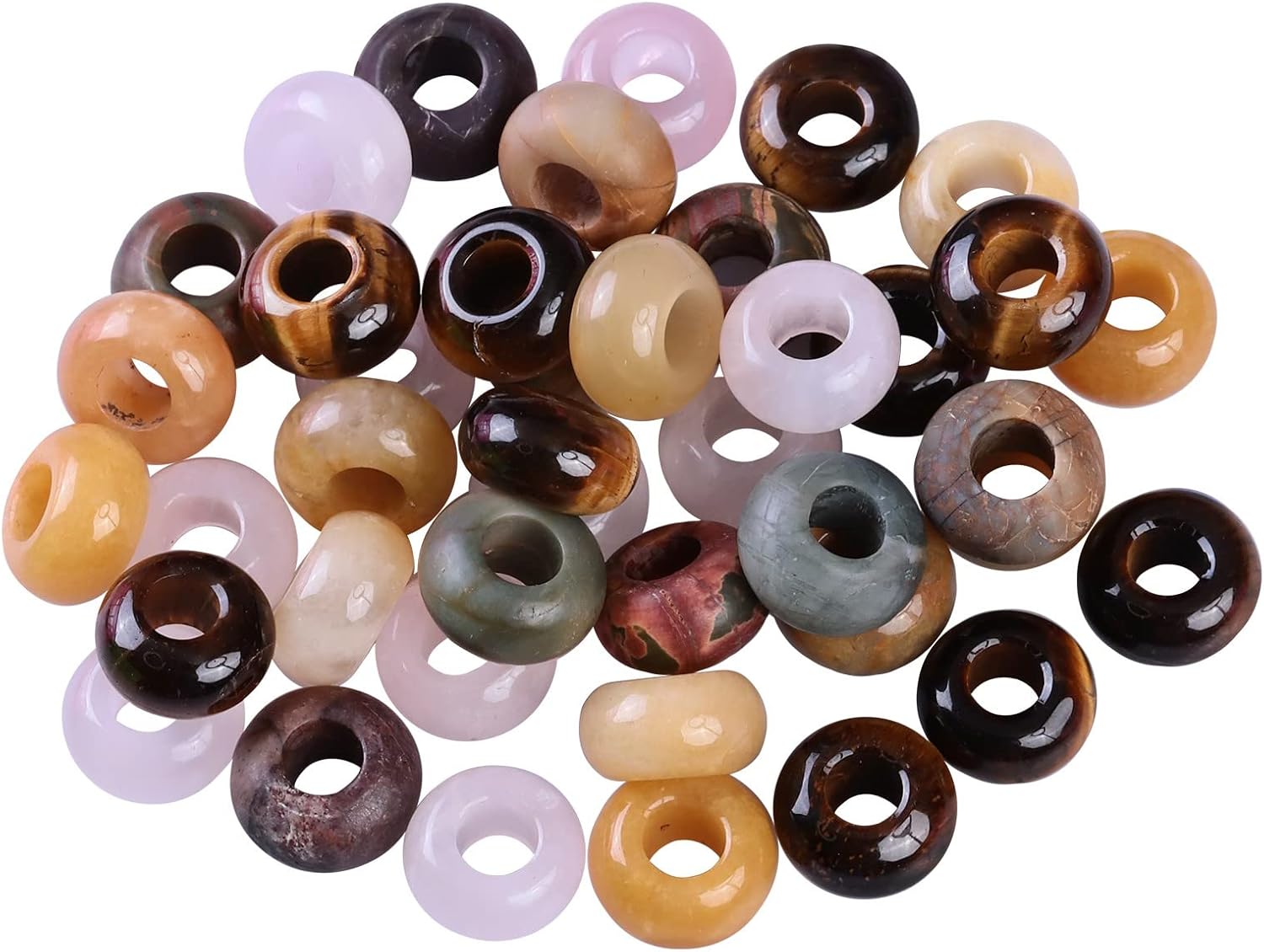 TUMBEELLUWA 40pcs Crystal Stone Large Hole Beads for Jewelry Making Macrame Beads for Hair Braids(14mmx8mm), Tiger's Eye Stone + Rose Quartz + Picasso Jasper + Yellow Jade