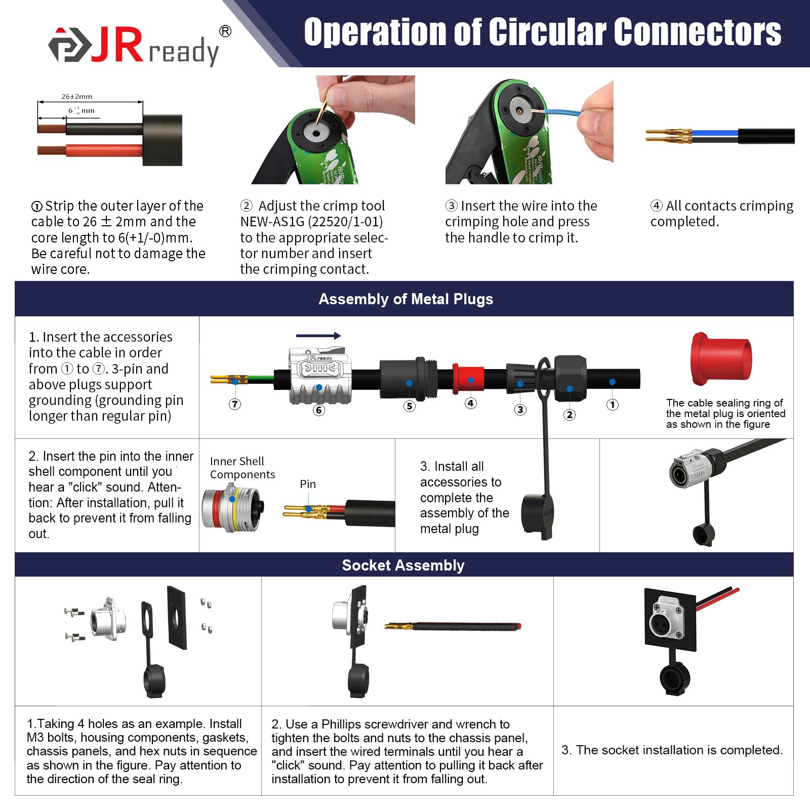 JRready Kit de conector industrial eléctrico impermeable de 2 pines, terminales sólidos chapados en oro 14-18 AWG con 2 pares (macho/hembra) conector de enchufe de metal IP68 para automoción