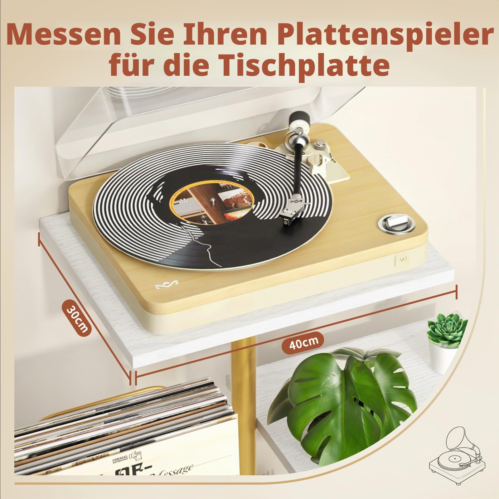 Bikoney Plattenspieler-Ständer mit Vinyl-Regal und LP-Ablage Gold
