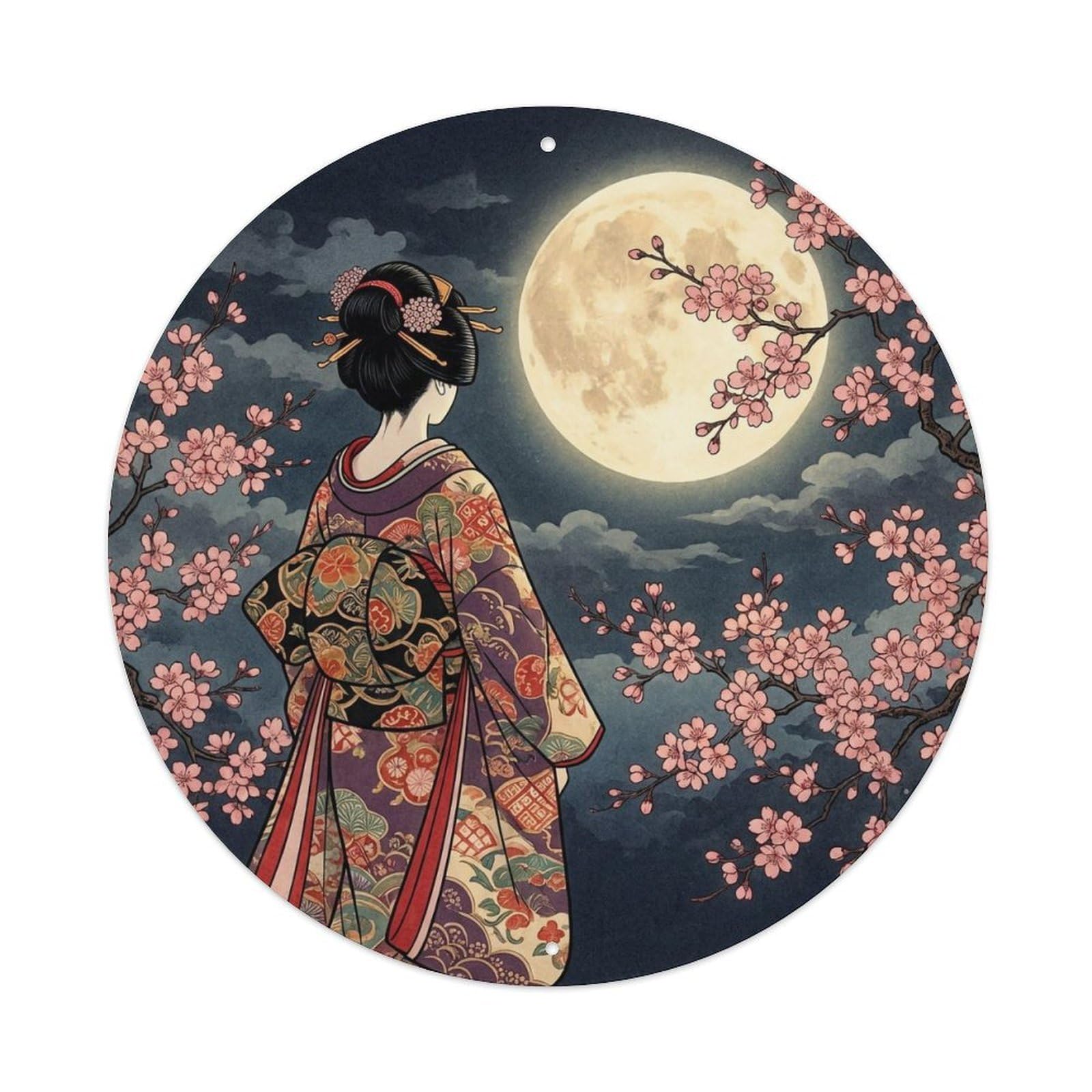 Yrnq 8X8inch Vintage Style Japanese Geisha Full Moon Cherry Blossoms Night Metal Tin Sign