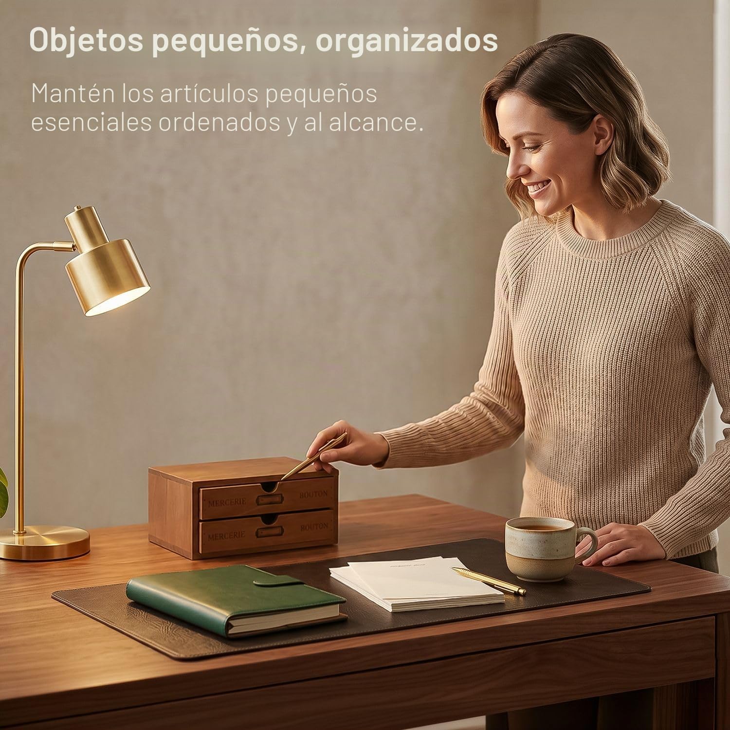 Flexzion Organizador de suministros de oficina de escritorio de madera con 2 cajones de almacenamiento, gabinete de mesa de madera de 2 niveles, caja de accesorios de escritorio para encimera, para el