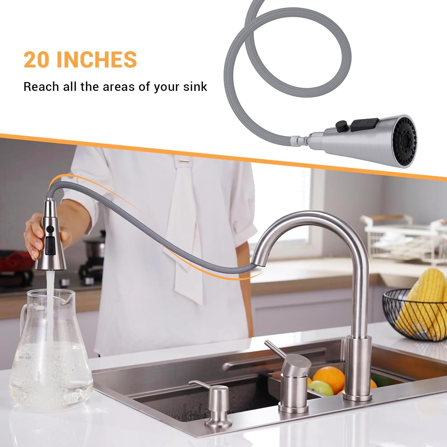 DAYONE 3 Holes Kitchen Faucets with Soap Dispenser, 2 Holes Brushed Nickel Kitchen Sink Faucet with Pull Down Sprayer, Side Single Handle High Arc 3 Pieces, DAY-CR277