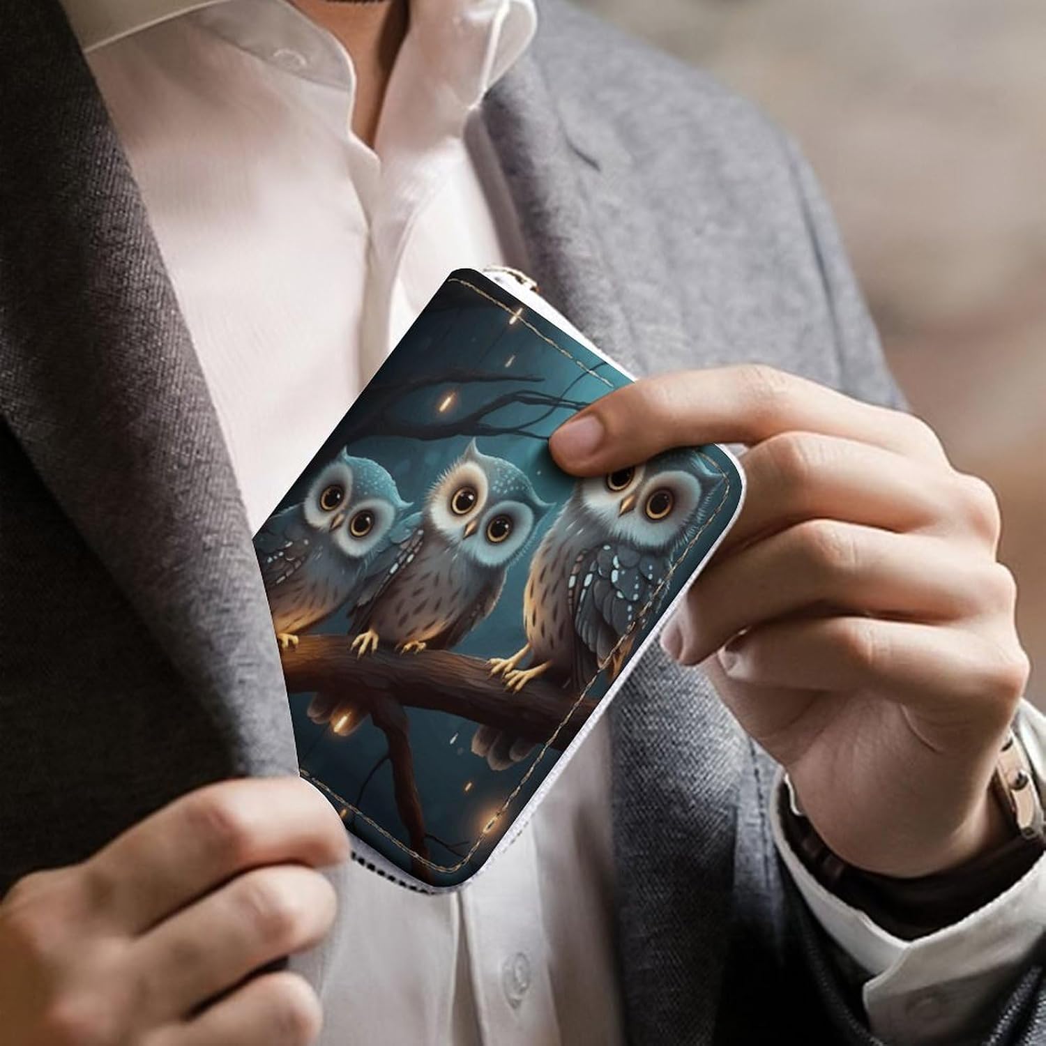 Leather Card Organizer Case Card Wallet Credit Card Holder Owl on Tree Printed Zipper Card Cases Holder for Women Men