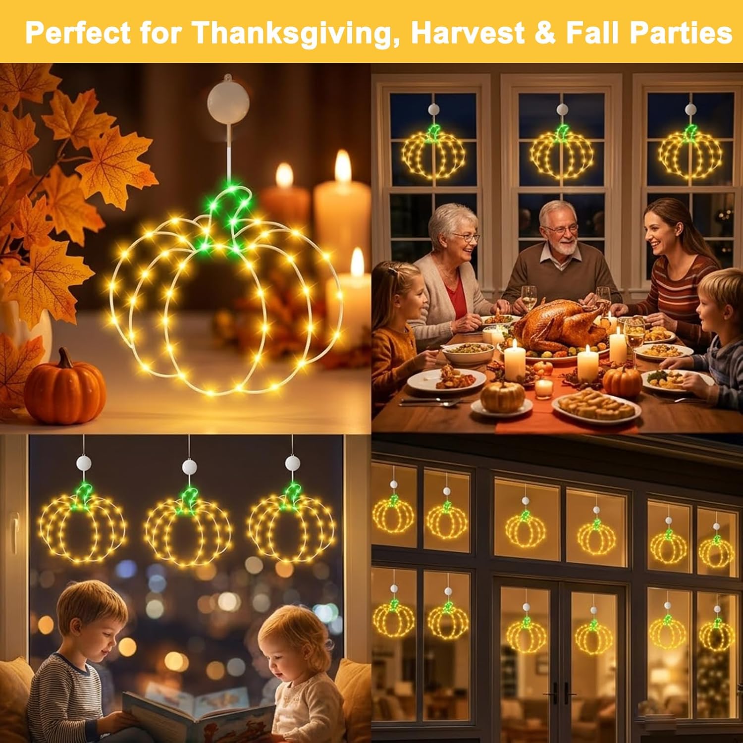 2 Pack Thanksgiving Decorations Lights, Maple Leaf Window Lights with Suction Cups, Metal Frame Decorative Light with Battery & Auto Timer, Fall Harvest Decor for Home (Yellow Pumpkin)