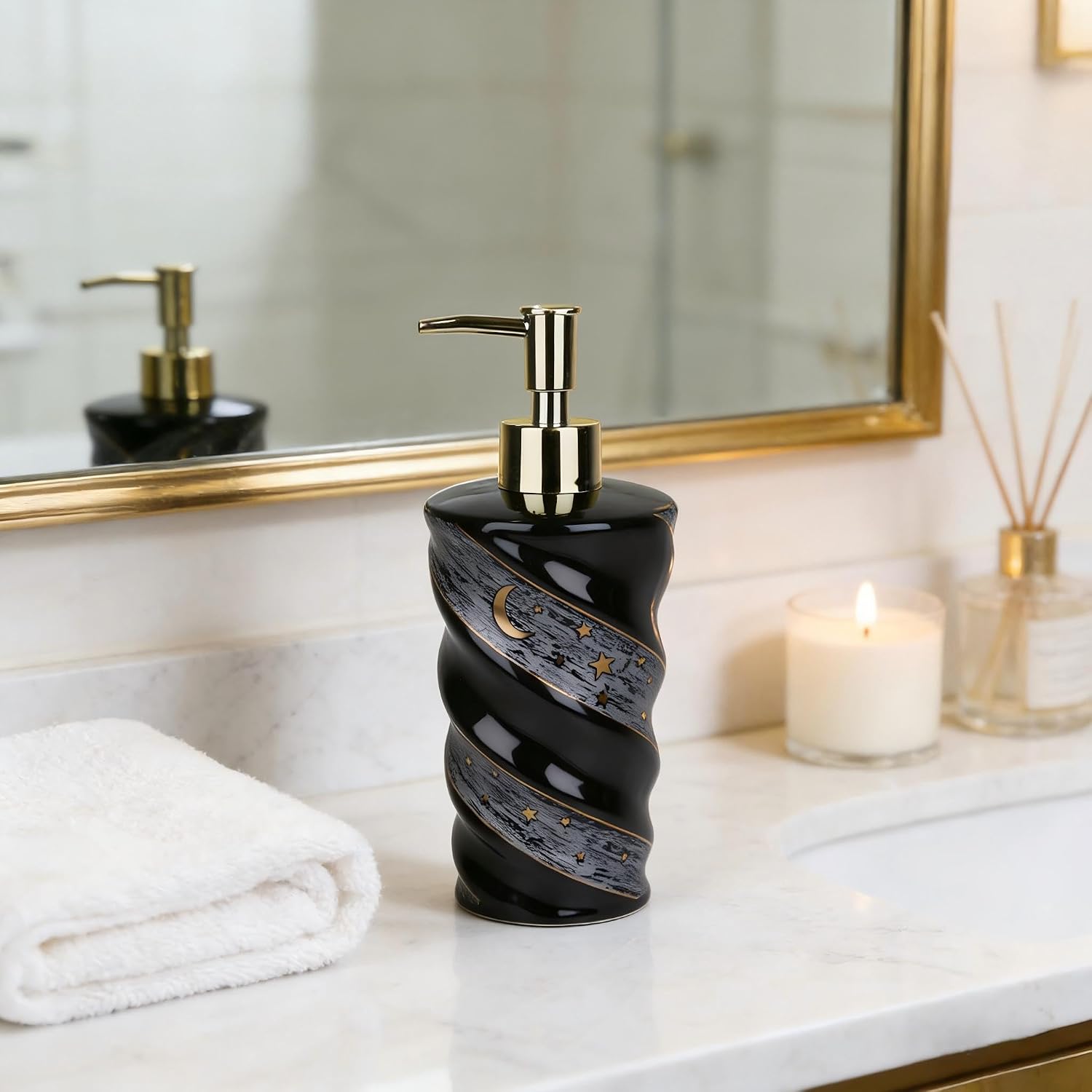 Ceramic Soap Dispenser, Large Capacity Lotion Dispenser with Spiral Galaxy Design - Refillable Press Pump Bottle for Bathroom & Kitchen (14oz, Black)