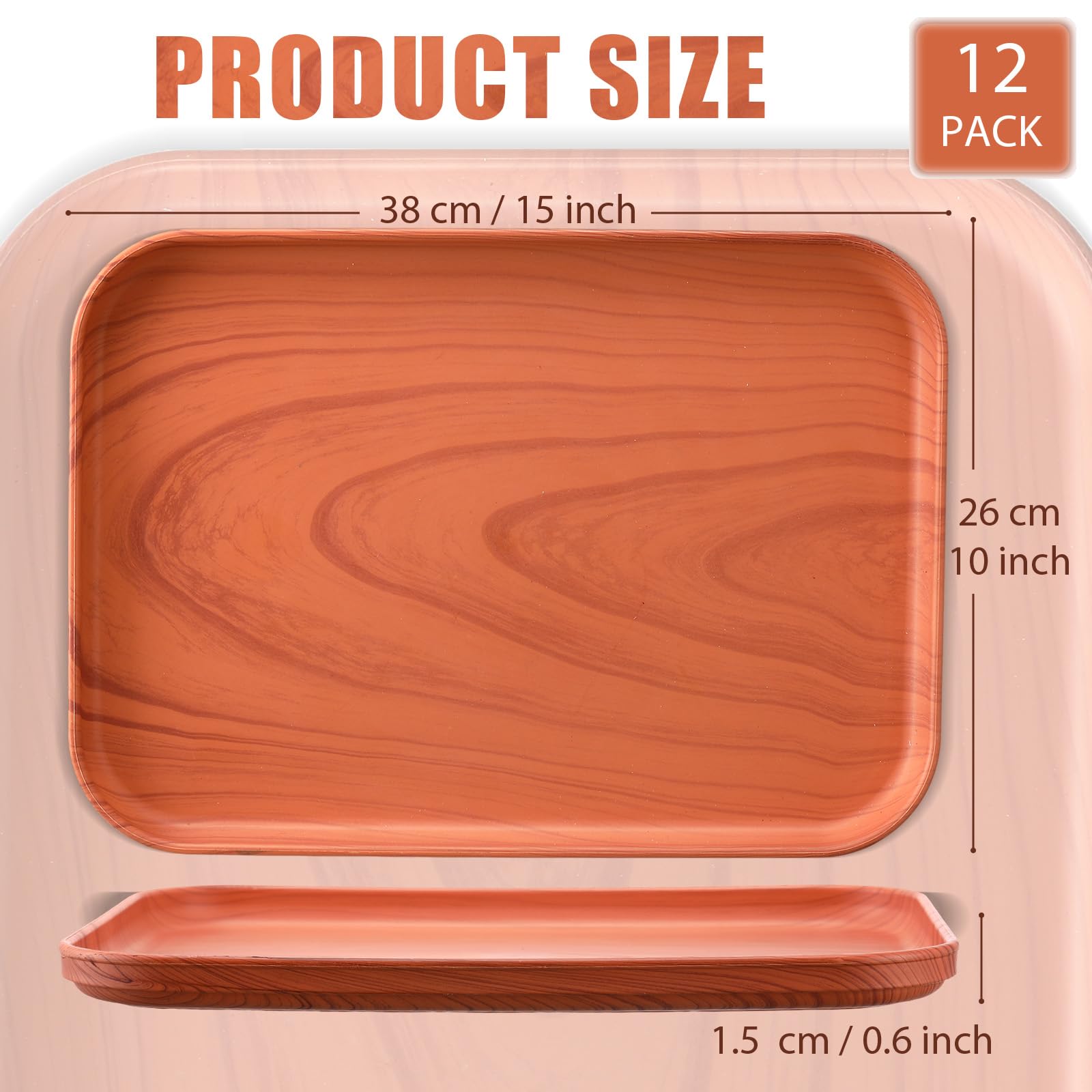 Didaey 12 bandejas de plástico para servir comida rápida, bandeja de plástico con patrón de grano de madera de imitación, platos rectangulares para restaurante, cocina, fiesta, bar, cafetería,