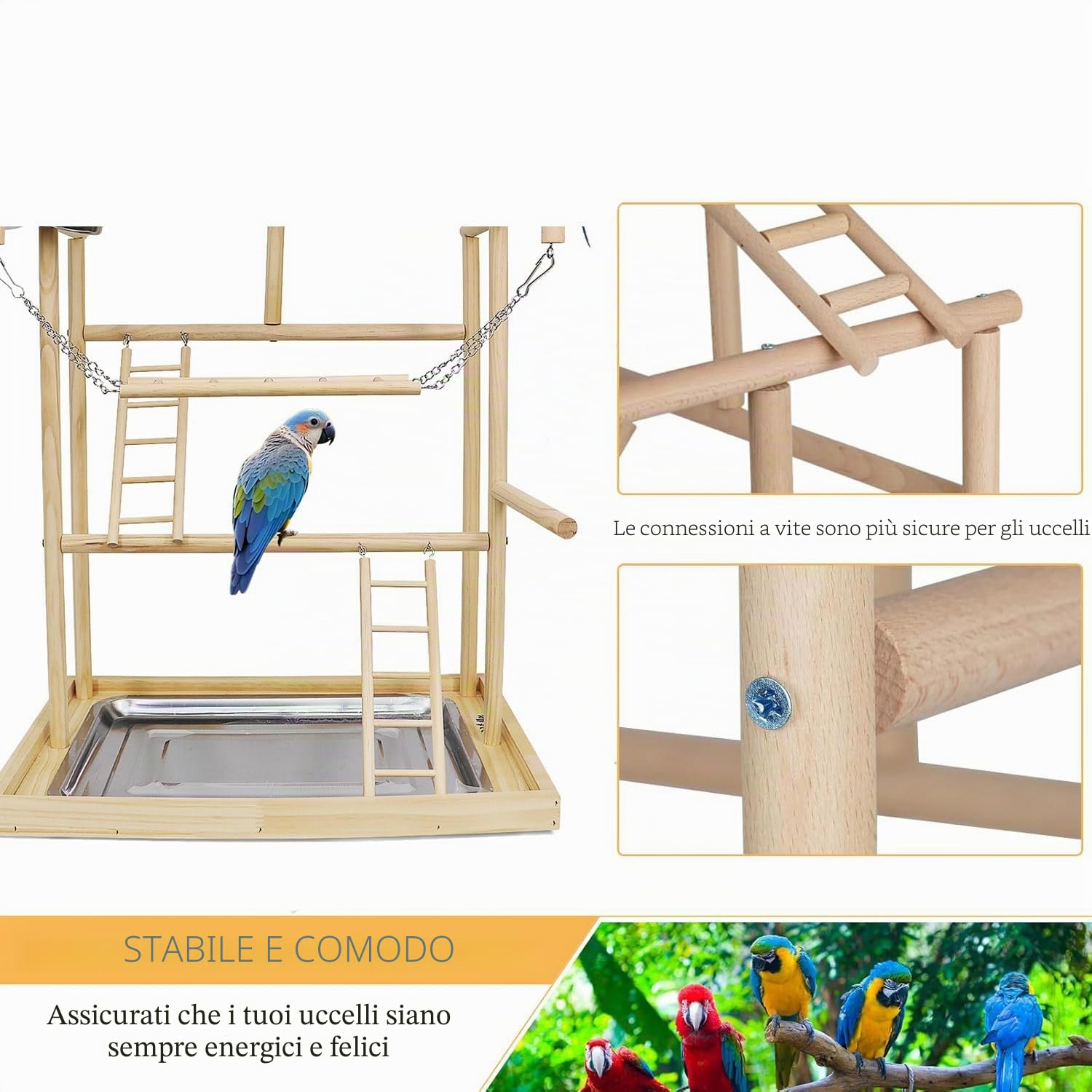 Parco Giochi per Pappagalli in Legno,con Tazze di Alimentazione in Acciaio Inox, Catena in Plastica Colorata per Animali Domestici, per Pappagalli e Altri Uccelli