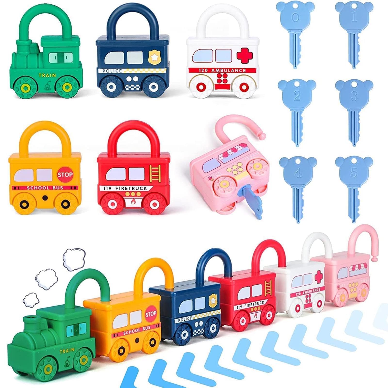 Lock and Key Toy, Transportation Tools Toy, Key Number Matches Toy Car Number Early Education Cognitive Toys, Enlightenment Toys, Fun Unlocking Keys