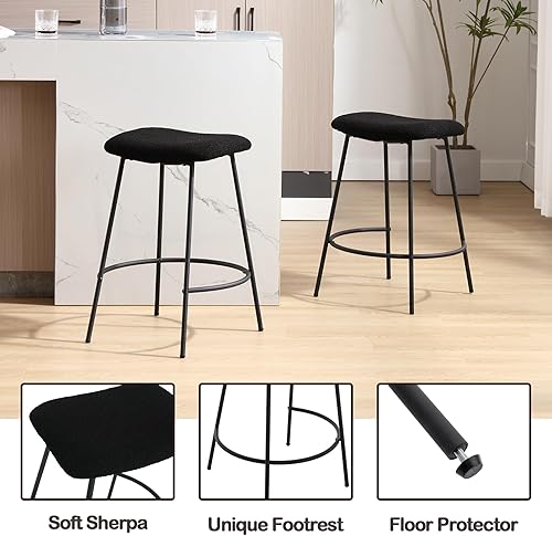 Miniatura 3 de chairus Juego de 2 taburetes de bar de 25.5 pulgadas, modernos taburetes de altura de mostrador Boucle negro con patas de metal y reposapiés, sillas