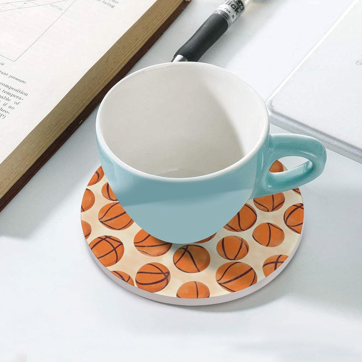Basketball Pattern Round Ceramic Coasters Print Drinks Absorbent with Cork Base for Home Decor Gifts 4 Inch